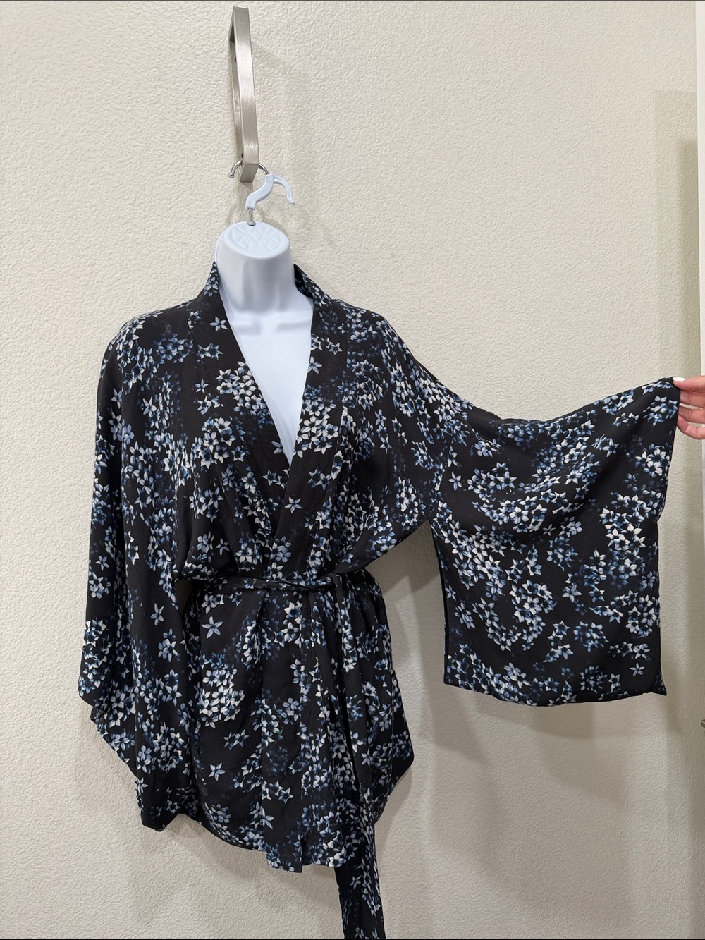FLEUR DU MAL Black Satin Floral Wrap Robe Kimono with Blue & White Print $199